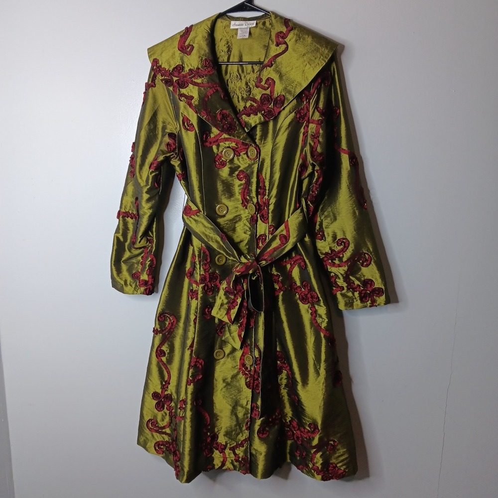 VTG Trench Coat M Green Red Rosette Double Breasted Avant Garde Runway Couture - Picture 2 of 11
